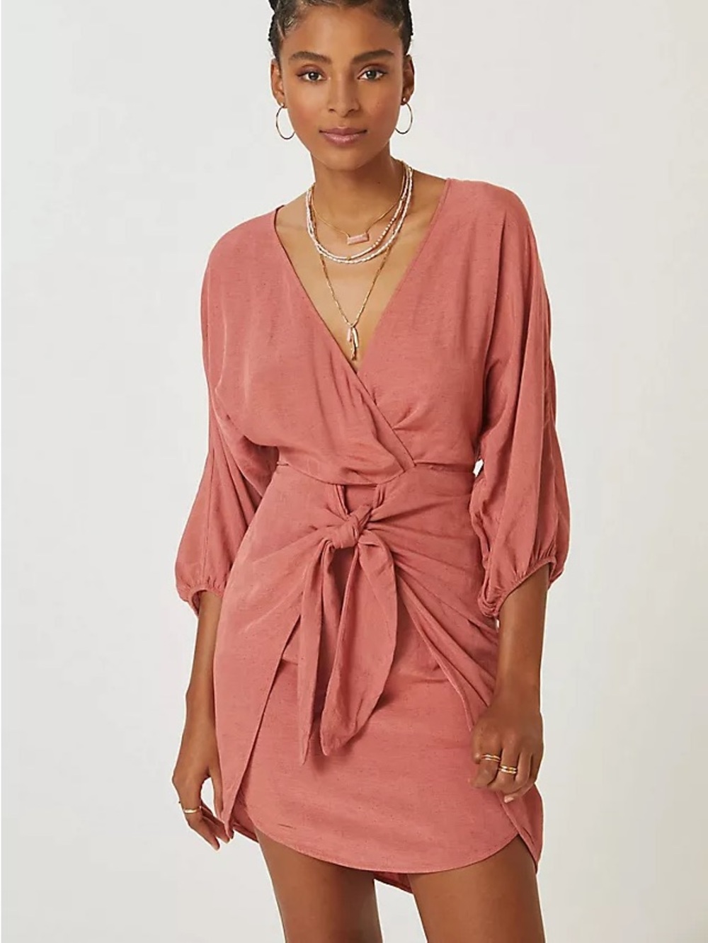 Anthropologie NWT Tie-Front Wrap Mini Dress Pink Linen-Blend Size US 2 Boho